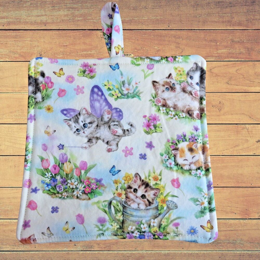 Handmade Potholder, Kittens and Flowers